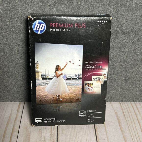 HP Premium Plus 4x6" Photo Paper Glossy Inkjet 100 Sheets CR668A  NEW Box Damage - Picture 1 of 4